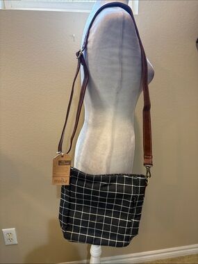 Maika Black Windowpane Crossbody with Brown Strap